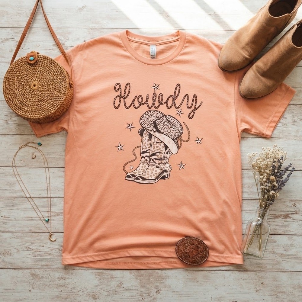 SHEIN Women Peach Howdy Graphic Tee Leopard Cowboy Boots Western Shirt Small